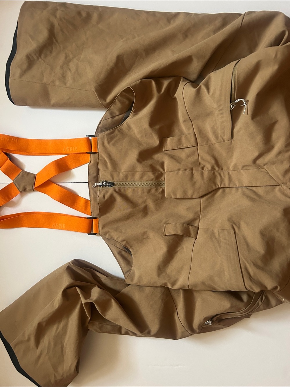 Orage Tan Cargo Snow Pants with Bright Orange Suspenders